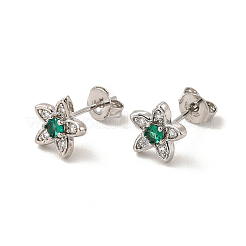 Rack Plating Brass Micro Pave Clear & Green Cubic Zirconia Star Ear Studs&nbsp;EJEW-F301-16