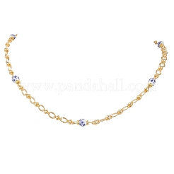 Printed Porcelain Round Blue and White Bead & Brass Oval Link Chain Necklaces for Women&nbsp;NJEW-JN05588