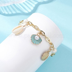 Ocean Theme Alloy Enamel & Plactic Pearl & Natural Cowrie Shell Charm Bracelets&nbsp;BJEW-JB14025