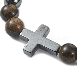 Natural Tiger Eye & Synthetic Hematite Corss Beaded Stretch Bracelets&nbsp;BJEW-JB09845-03