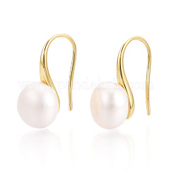 Brass Natural Pearl Dangle Earrings, Round, Real 18K Gold Plated, 17.5~19x8.5~9mm