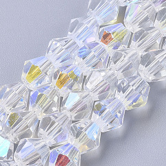 Electroplate Glass Beads Strands, AB Color Half Plated, Faceted, Bicone, Clear AB, 6x6mm, Hole: 1mm, about 45~47pcs/Strand, 10.83 inch(27.5 cm)