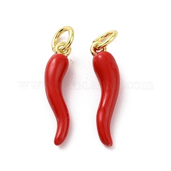 Rack Plating Brass Enamel Charms, with Jump Ring, Long-Lasting Plated, Real 18K Gold Plated, Cadmium Free & Lead Free, Horn of Plenty/Italian Horn Cornicello Charms, Red, 18.5x4.5x4mm, Jump Ring: 5x0.8mm, Inner Diameter: 3mm