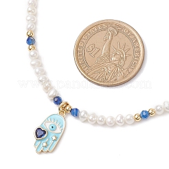 Brass Enamel Hamsa Hand Pendant Natural Kyanite & Pearl Beaded Necklaces&nbsp;NJEW-JN05495