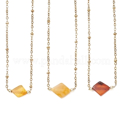 Natural Amber Rhombus Pendant 304 Stainless Steel Satellite Chain Necklaces for Women&nbsp;NJEW-JN06282