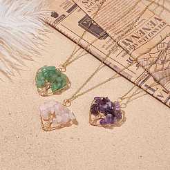 Natural Gemstone Chips Heart with Tree of Life Pendant Necklace&nbsp;NJEW-JN03906