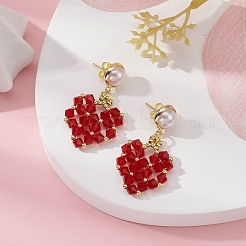 Glass Heart with ABS Plastic Pearl Dangle Stud Earrings&nbsp;EJEW-TA00233