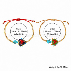 2Pcs 2 Colors Dyed Synthetic Turquoise Cross and Glass Heart Braided Bead Bracelets for Women&nbsp;PE0777-1