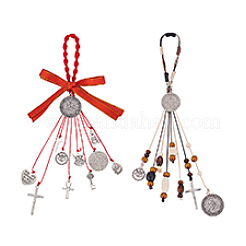 2Pcs Polyester & Alloy & Wood Medal Pendant Decorations&nbsp;HJEW-PH02290