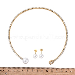 Round Plastic Imitation Pearl Stud Earrings & Rectangle Cubic Zirconia Rhinestone Cuff Choker Necklaces Sets&nbsp;SJEW-U003-06G