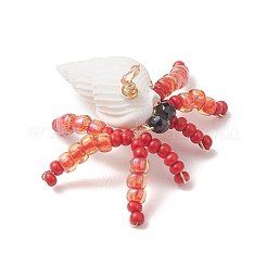 Faceted Round Natural Black Spinel & Natural Trumpet Shell & Glass Seed Beaded Crab Pendants&nbsp;PALLOY-MZ01177-01