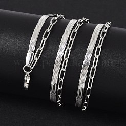 Non-Tarnish 304 Stainless Steel Paperclip & Herringbone Chains Double Layer Necklace for Men Women&nbsp;NJEW-E046-01P