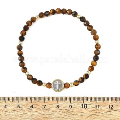 Religion Natural Tiger Eye Beaded Stretch Bracelets with Brass Flat Round with Cross Beads&nbsp;BJEW-JB14360-03