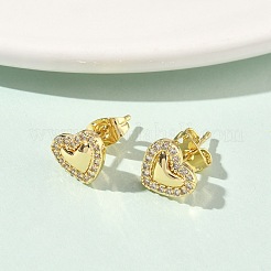 Heart Brass Micro Pave Clear Cubic Zirconia Stud Earrings&nbsp;EJEW-P336-03G