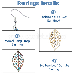 4 Pairs 4 Style Wood Hollow Leaf Dangle Earrings&nbsp;EJEW-FI0001-95