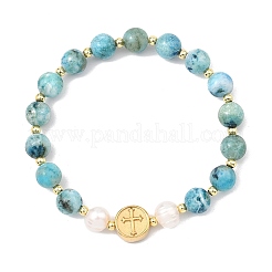 Natural Gemstone Hemimorphite & Cultured Freshwater Pearl & Brass Beads Stretch Bracelets for Women&nbsp;BJEW-JB13796