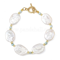 Natural Baroque Keshi Pearl Oval & Natural Larimar & Brass Beaded Bracelets&nbsp;BJEW-JB14338