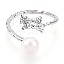 Natural Pearl Finger Open Cuff  Ring Micro Pave Clear Cubic Zirconia&nbsp;PEAR-N022-C03