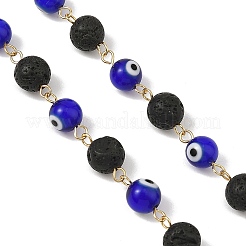 Round Handmade Evil Eye Lampwork Baeded & Natural Lava Rock Beaded Chain&nbsp;AJEW-JB01662