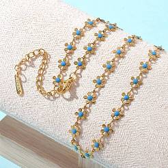 Bohemian 304 Stainless Steel Enamel Deep Sky Blue Flower Link Chain Necklaces for Women&nbsp;NJEW-Z061-01G