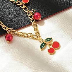 304 Stainless Steel Enamel Cherry Charm Bracelets&nbsp;BJEW-M095-01G
