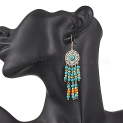 304 Stainless Steel Synthetic Turquoise Flat Round Dangle Earrings&nbsp;EJEW-JE06454-02