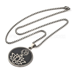 Yoga Theme 201 Stainless Steel Flat Round with Lotus & Moon Pendant Necklaces&nbsp;NJEW-S007-05P