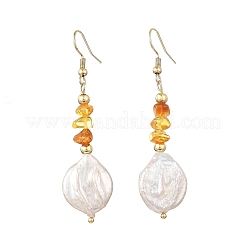 Natural Amber Chip & Natural Keshi Pearl Dangle Earrings&nbsp;EJEW-JE07445-01