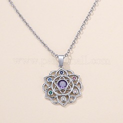 Chakra Lotus Flower Brass Pave Colorful Cubic Zirconia Pendant Necklaces for Women&nbsp;FS-WG17A97-01