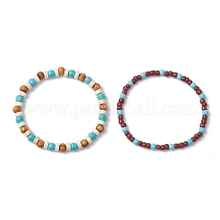 2Pcs 2 Styles Natural Magnesite & Synthetic Turquoise & Glass Seed & Round Wood Beads Stretch Bracelets for Men Women&nbsp;BJEW-JB11833