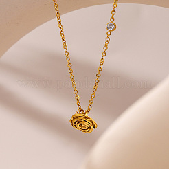 304 Stainless Steel Pave Clear Cubic Zirconia Rose Flower Pendant Necklaces for Women&nbsp;WGE1594-01