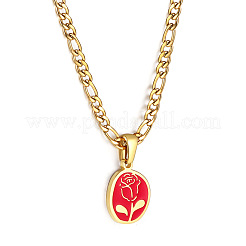 304 Stainless Steel Enamel Red Oval with Rose Flower Pendant Necklaces for Women&nbsp;WG6ED6B-02