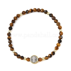 Religion Natural Tiger Eye Beaded Stretch Bracelets with Brass Flat Round with Cross Beads&nbsp;BJEW-JB14360-03