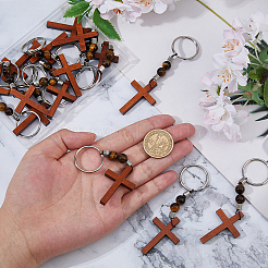 20Pcs Wood Cross with Natural Tiger Eye Bead Keychain&nbsp;KEYC-DC00073