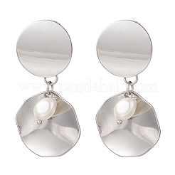 201 Stainless Steel Shell Pearl Flat Round Dangle Stud Earrings&nbsp;EJEW-JE06751-02