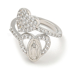 Heart & Virgin Mary Rack Plating Brass Micro Pave Cubic Zirconia Cuff Rings for Women&nbsp;RJEW-F162-11P