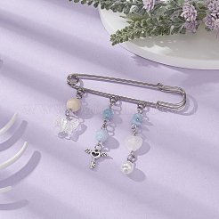 Natural Mixed Gemstone & Butterfly Charms Safety Pin Brooch&nbsp;JEWB-BR00101