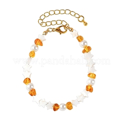 Natural Freshwater Shell Star & Shell Pearl & Natural Amber Chip Beaded Bracelets&nbsp;BJEW-JB14321