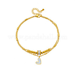 304 Stainless Steel Pave Clear Cubic Zirconia & Natural White Shell Heart Charm Double Layer Anklets for Women&nbsp;FS-WGDE261-01