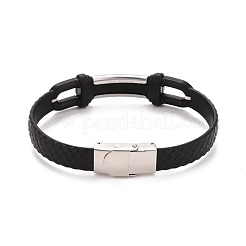 201 Stainless Steel Rectangle Link Bracelet with PU Leather Cord for Men Women&nbsp;BJEW-G649-07P-03
