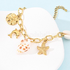 Dolphin & Starfish 304 Stainless Steel Charm Bracelets for Women&nbsp;BJEW-F516-01G