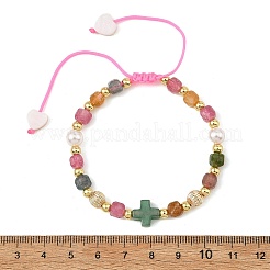 Natural Multicolor Tourmaline Faceted Cube Braided Bead Bracelets&nbsp;BJEW-JB14379-03