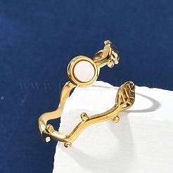 Leaf & Flat Round 304 Stainless Steel White Shell Cuff Rings for Women&nbsp;RJEW-G346-01G-02