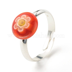 Flower Flat Round Millefiori Glass Adjustable Ring&nbsp;RJEW-JR00407