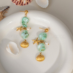 304 Stainless Steel Starfish with Shell Shape Dangle Stud Earrings&nbsp;KG6843