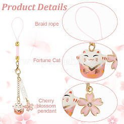 4Pcs 4 Colors Japanese Style Porcelain Lucky Cat & Sakura Alloy Enamel Mobile Straps&nbsp;HJEW-GO0001-09