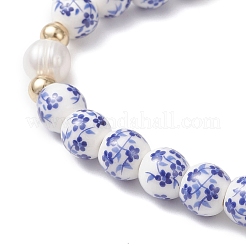 Handmade Flower Printed  Porcelain Ceramic & Natural Cultured Freshwater Pearl Beads Stretch Bracelets for Women&nbsp;BJEW-JB12877
