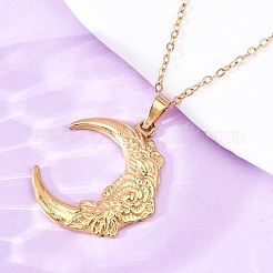 Moon with Flower 304 Stainless Steel Pendant Necklaces&nbsp;NJEW-H059-11G