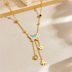 304 Stainless Steel Enamel with Clear Cubic Zirconia Colorful Butterfly Flower Tassel Pendant Necklaces for Women&nbsp;FS-WGAFF89-01