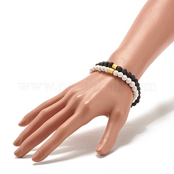 2Pcs 2 Style Natural Lava Rock(Dyed) Round Beaded Stretch Bracelets Set with Column Synthetic Hematite&nbsp;BJEW-JB07578